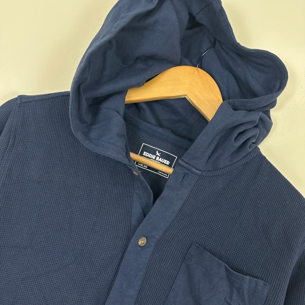 Eddie Bauer Basin Thermal Hoodie Navy Blue Waffle Knit Button Front Boys XL (16)